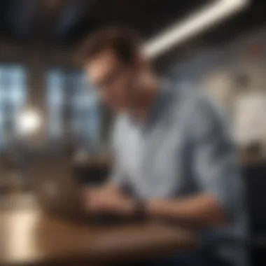 An entrepreneur working on a laptop in a modern workspace