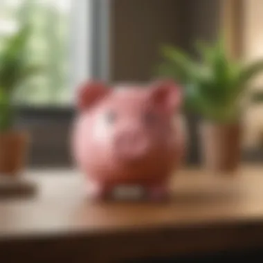 A serene image of a piggy bank on a wooden table with greenery in the background.