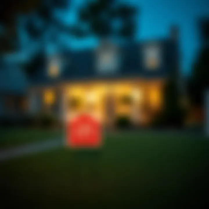 A serene view of a home with a 'For Sale' sign in the yard.