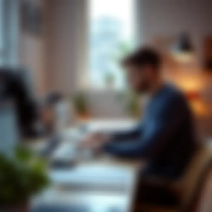 A freelance designer working on a laptop in a modern workspace