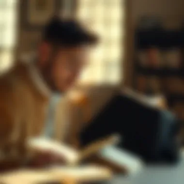 A contemplative figure gazing at an open book, surrounded by natural light, symbolizing the pursuit of knowledge.